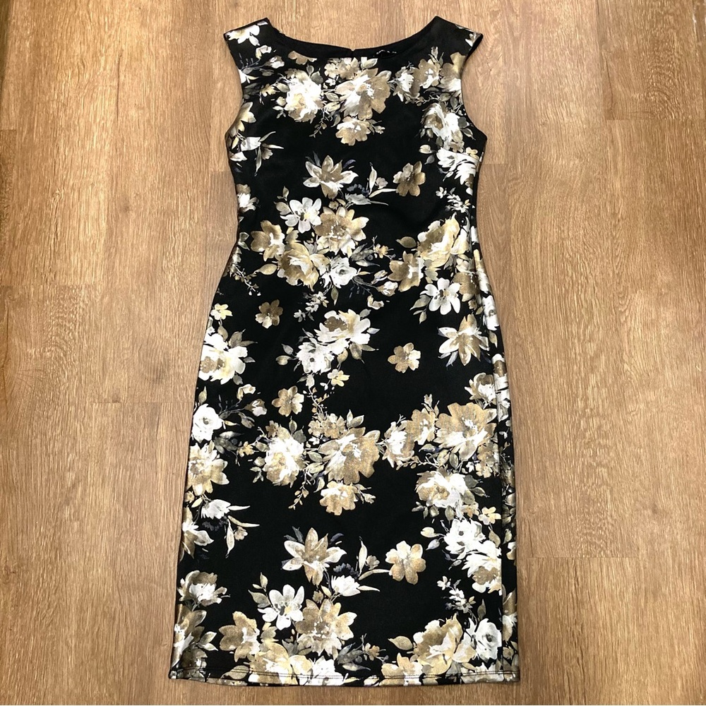 Black Silver and Gold Floral Print Sleeveless Sheath Dress Size Small Metallic
